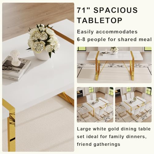 Ebullient White Dining Table Set for 8，71'' Kitchen Table and White Leather Dining Chairs Set of 8, 9 Piece Dining Room Table Set，Modern Gold Metal Frame Dinner Table Set 8 for Kitchen