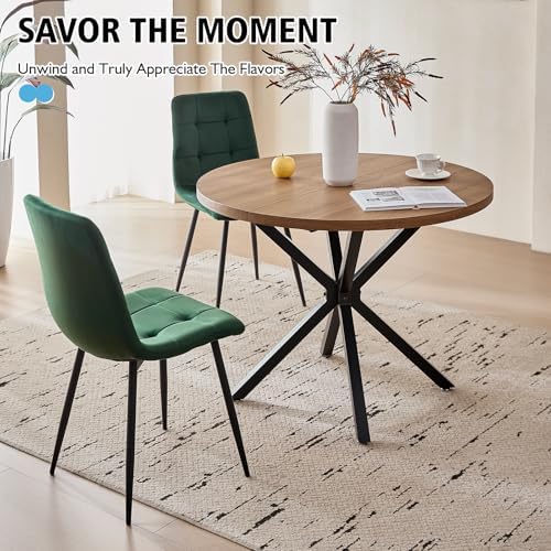 39" Round Dining Table Set for 4(Brown Table+4 Green Chairs) | Mid Centu...