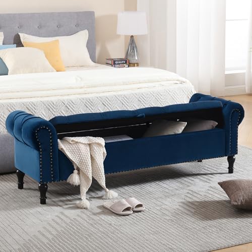 Velvet Storage Bench 67 Inch Upholstered Tufted Ottoman Bench with Arms Large...