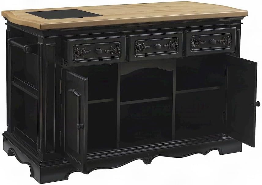 Furnifact Acacia Butcher Block Kitchen Island with Drawers and Adjustable She...