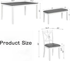 Dining Table Set for 5, 6-Piece Kitchen Table & Chairs Set with Rectangular Table, Bench & 4 Upholstered Chairs, 58.5'' Dinner Set with Wood Legs & X-Shaped Backrest for Kitchen, White&Gray