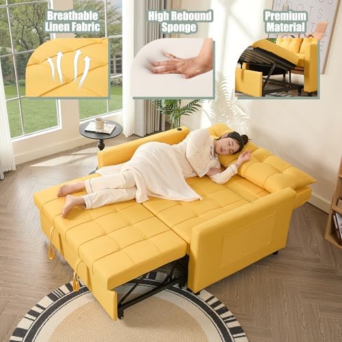 GOSUHI 52" 3-in-1 Convertible Sleeper Sofa Bed, Linen, Yellow | Pull-Out...