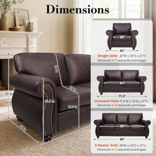 Couchus 88" W Living Room Furniture Sets, 3-Seater&Loveseat, Brown |...