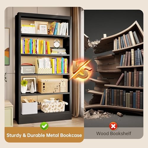 5-Tier Bookcase with Adjustable Storage Shelves, Heavy Duty Bookcase, Metal B...
