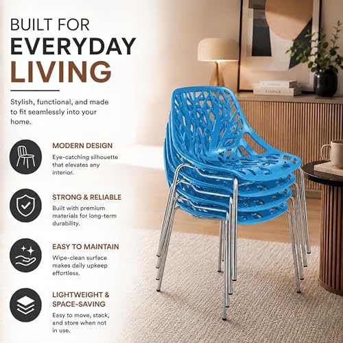 LeisureMod Asbury Modern Dining Chair, Blue, Polypropylene Seat | Chrome Legs...