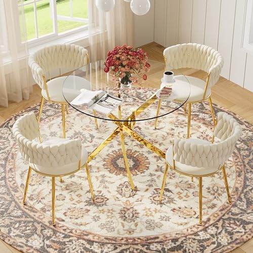 Round Glass Dining Table Set for 4, 36'' Small Circle Glass Kitchen T...