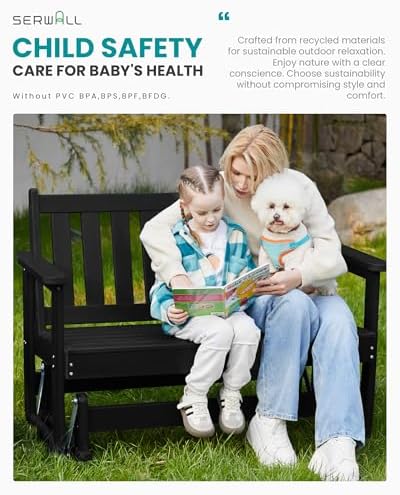 SERWALL 2 Person Patio Glider Bench, HDPE All Weather Swinging Bench, Black