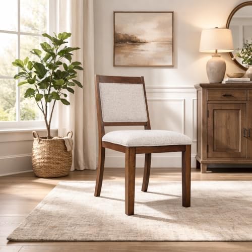 HomePop Open Back Upholstered Wood Frame Dining Chairs -Neutral Textured Soli...