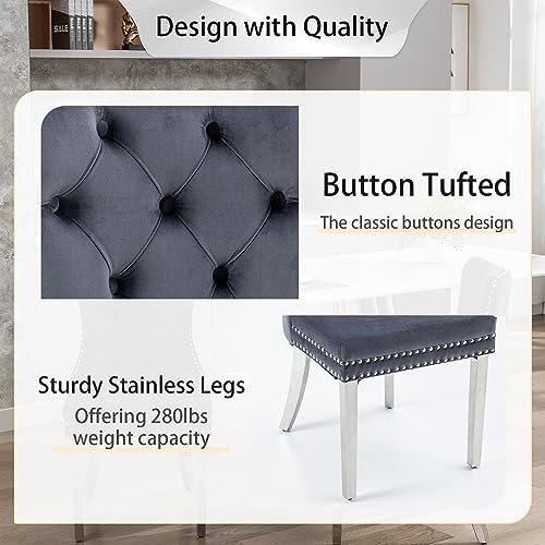 Velvet Dining Room Chairs Set of 2, Button Tufted, Silver Legs, Dark Gray