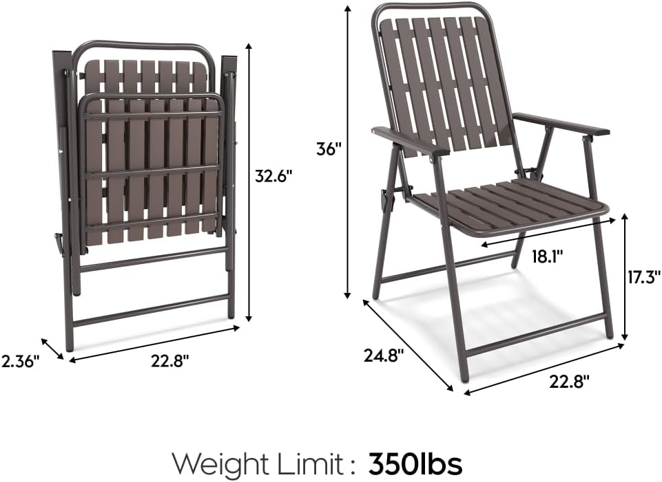 Patio Folding Chairs, Set of 2 Brown Outdoor Portable Chairs with 350 lb Capa...