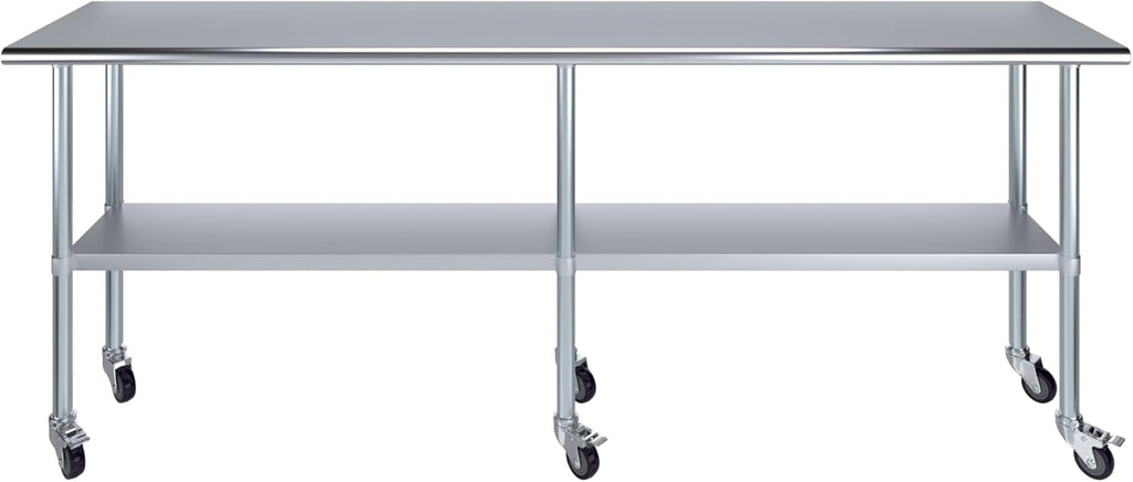 AmGood Stainless Steel Work Table with Casters | Heavy Duty Metal Utility Table On Wheels | Kitchen Island Cart (96" Long x 18" Deep)