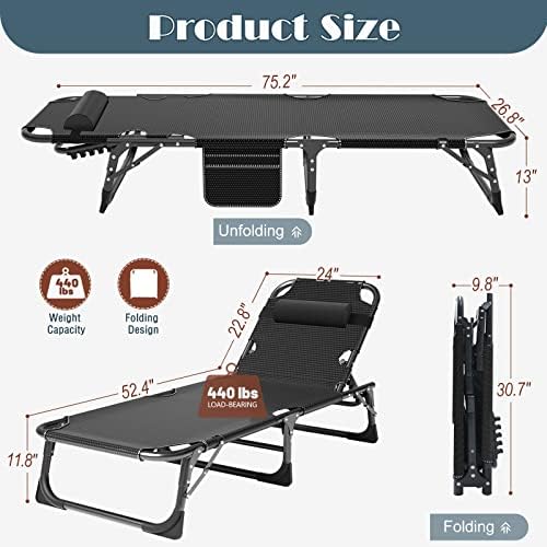 DoCred Chaise Lounge Chair, 5-Position Folding Outdoor Lounge Chair | Heavy D...