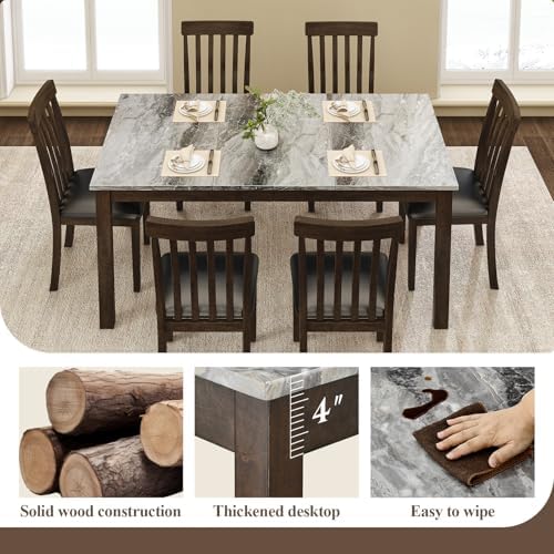 LUXOAK 7-Piece Wood Dining Table Set with Faux Marble Tabletop, Dark Brown