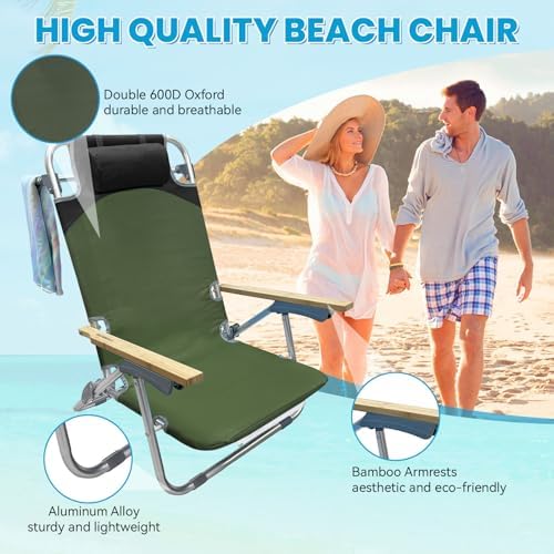 2 Pack Low Backpack Beach Chair with Folding Bamboo Table for Adults, 5-Posit...