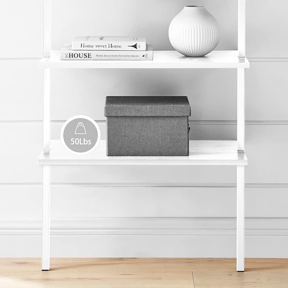 White Ladder Shelf Wall Mount, 5 Tier Ladder Bookshelf with Wood Shelf and Metal Frame, Modern Tall Ladder Shelves for Living Room, Bedroom, Office (12" D x 24" W x 71" H)