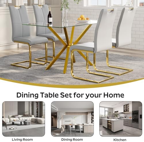 5-Piece 47" Dining Table with 4 PU Leather Chairs, Modern Dining Table S...