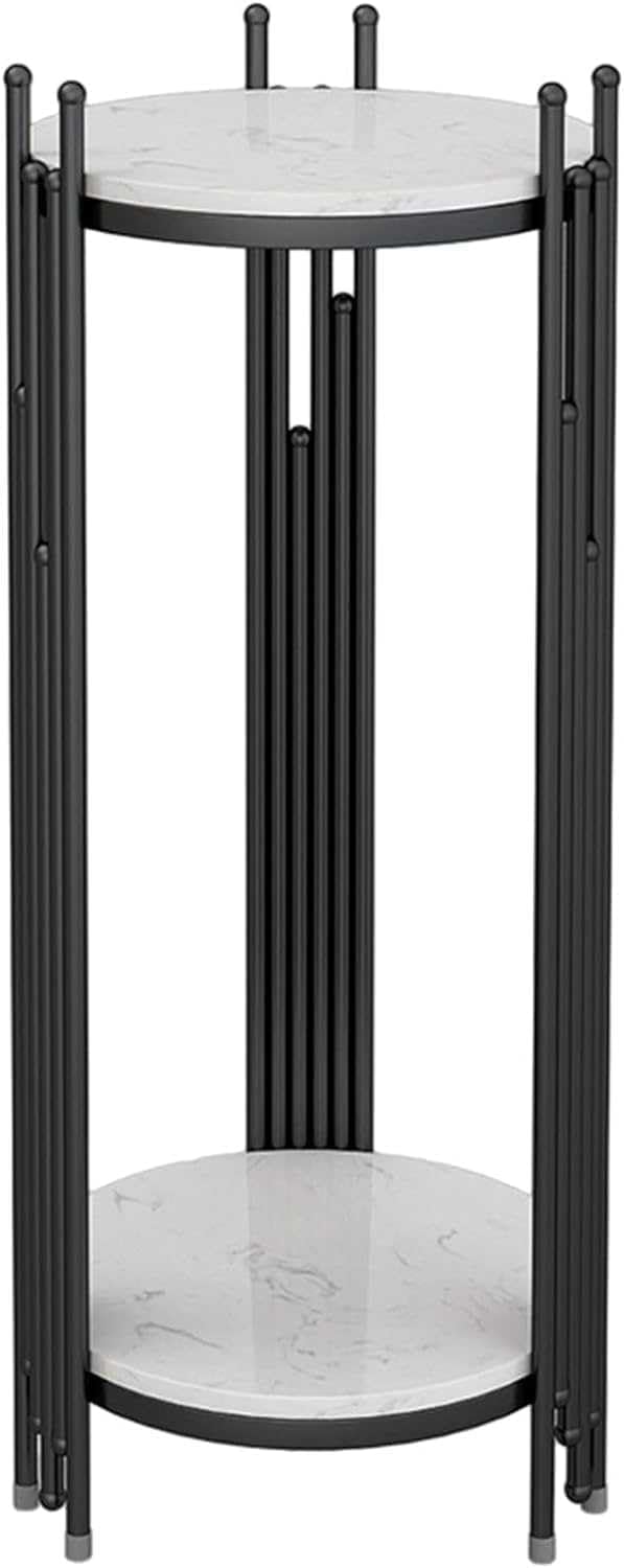 2 Tier Marble Look Telephone Table Tall Slim Plant Stand & Round Side Tab...