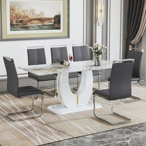JUFU Dining Table Set for 6 with Chairs PU Upholstered, 71'' Pandora ...