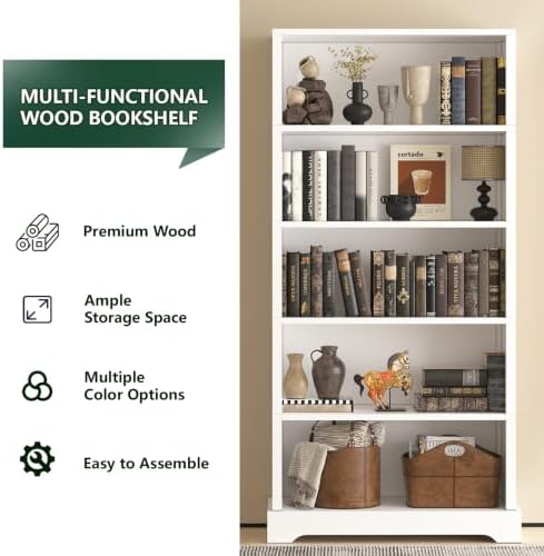 TVU 5 Tiers Wooden Bookshelf, 65.2" Tall Farmhouse Style Open Bookcase, ...