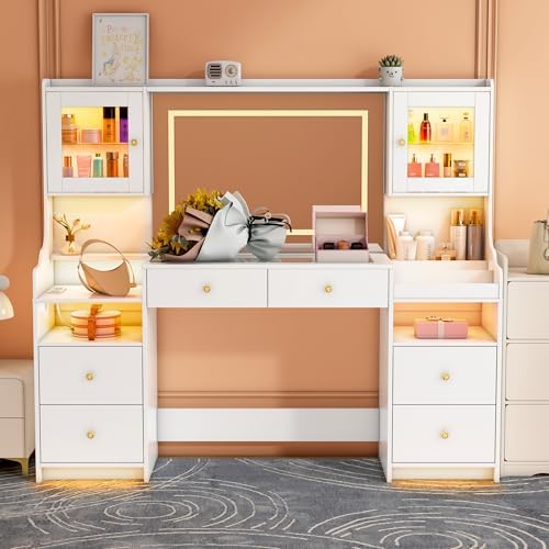 wanan 62" Large White Vanity Desk with Glass Top, Makeup Vanity with Mir...