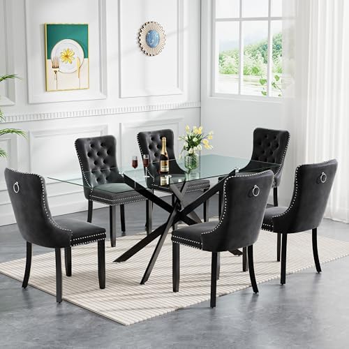 60" Modern Black Glass Dining Room Table Set for 6, 7-Piece Rectangular ...