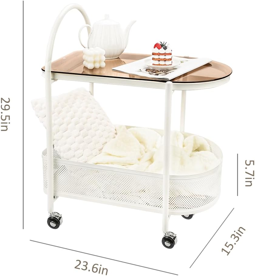 2 Tier Rolling Side Table, Metal Coffee Sofa Side End Table,Handle Utility Ca...