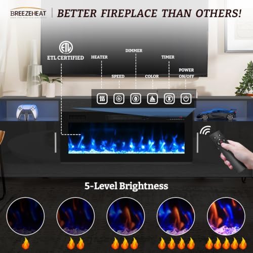 BREEZEHEAT Electric Fireplace TV Stand with 36 inch Fireplace Up to 80" ...