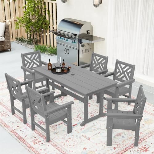 HDPE Outdoor Dining Set for 6,Patio Dining Set with Umbrella Hole,Weather Saf...