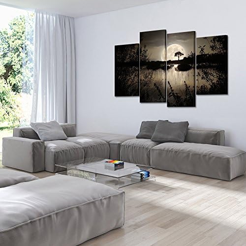 4 Pieces Canvas Prints Wall Art Big Moon over Lake in Dark Forest