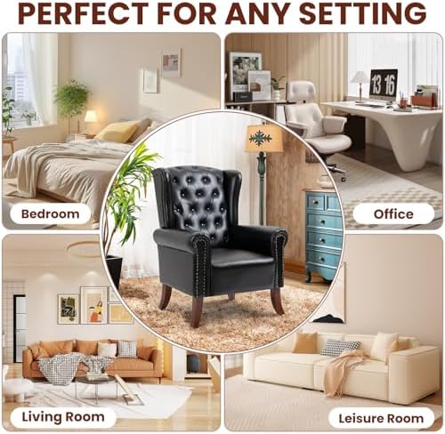 Faux Leather Accent Chair, Mid-Century High Back Armchair Upholstered Club So...