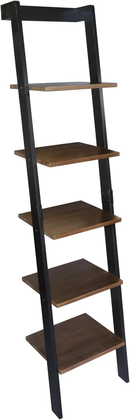 Kavari 5-Tier Leaning Ladder Bookcase with Solid American Gum Shelves - Black/Walnut