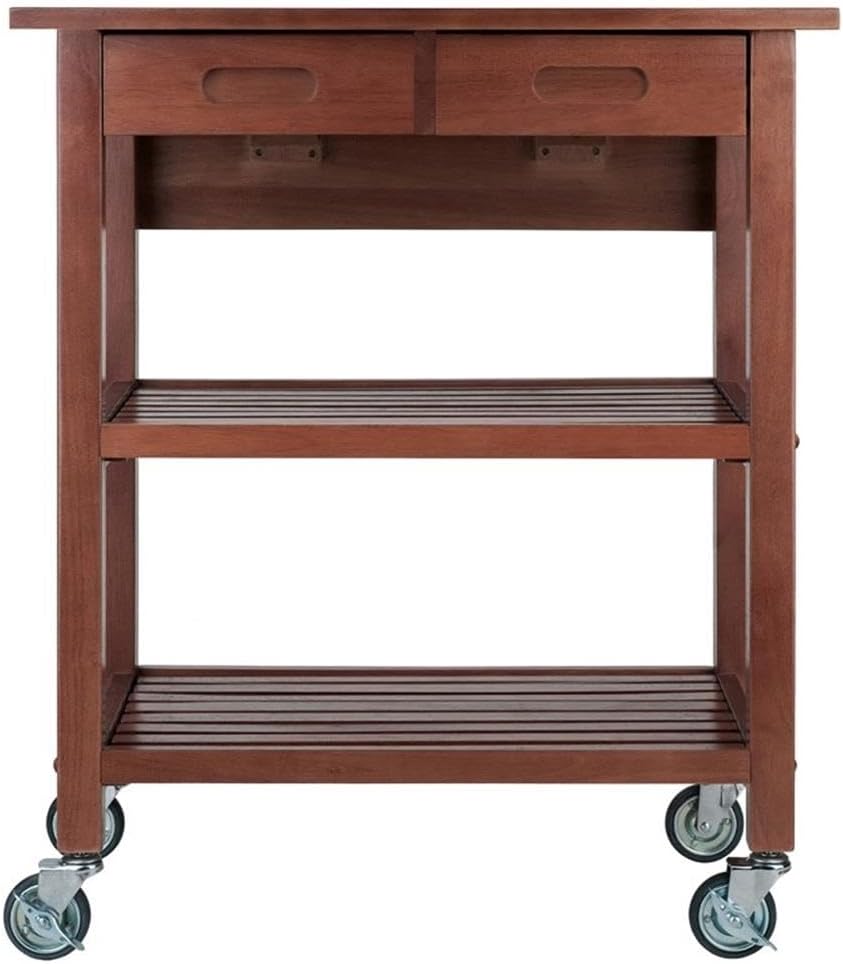 BOWERY HILL Solid Wood Kitchen Cart, Walnut Finish, Drop Leaf Extension, 2 Slatted Shelves, Locking Casters, 28.27" W x 16.66" D x 33.07" H, Rustic Transitional Indoor Storage for Kitchen