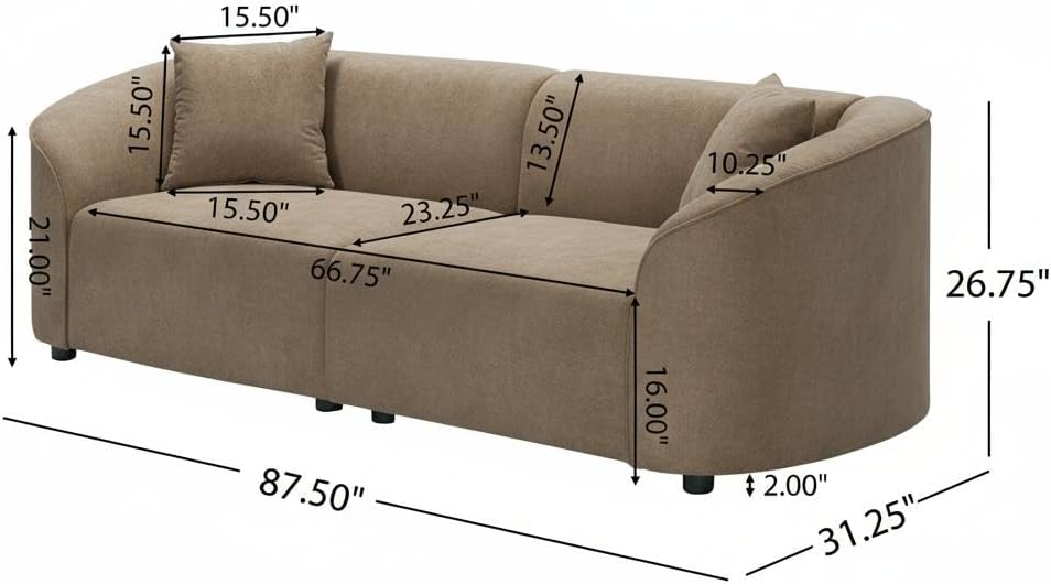 87" Curved Contemporary Sofa in Brown: Plush Seating, Streamlined Design...