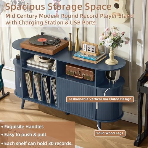 LELELINKY Extra Large Round Record Player Stand with Charging Station | Mid C...