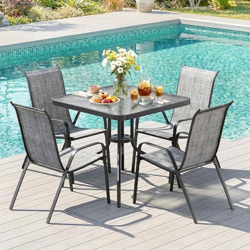 TLSUNNY 5 Pieces Patio Dining Set for 4, Glass Table and Textilene Chair