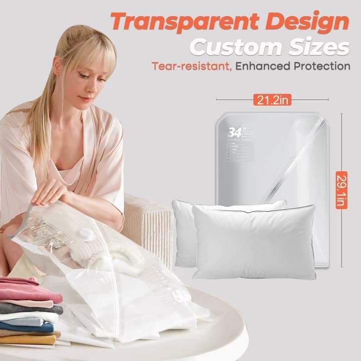 Vacuum Seal Bags for Clothing Travel, 8 Pack 34" Vacuum Storage Bags with Wireless Charging Pump Compression Packing for Clothes Blanket Bedding Suitcase Luggage, Space Saver for Travel