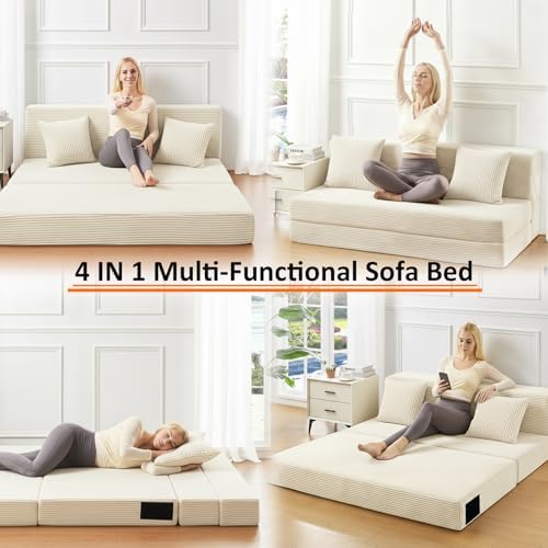 JKMAX Queen Size Folding Sofa Bed - 4 in 1 Convertible Sleeper Chair with Two...