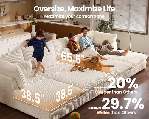 115" Oversize Corduroy Modular Sectional Sofa Couches for Living Room,Wh...