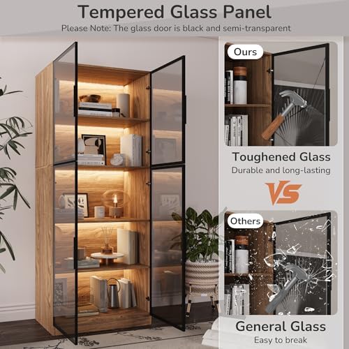 Mekminop Glass Display Cabinet with Lights and Shelves, Modern Display Case C...