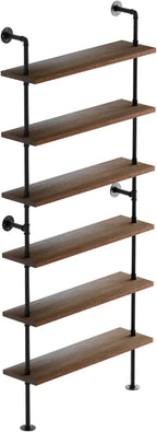 Pipe Industrial Shelves, Wall Mounted Wood Metal Ladder Rustic Bookshelf (Walnut Color, 6 Tier - 10" D x 30" W x 82.5" H)