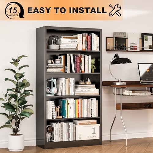 VASAAOSD 66" Tall Metal Bookcase, 5 Shelf Black Bookcase with Adjustable...