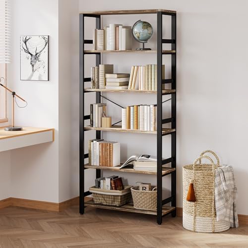 IRONCK Bookshelf, 31.5" Wide 6-Tier Industrial Bookcase, Industrial Brown