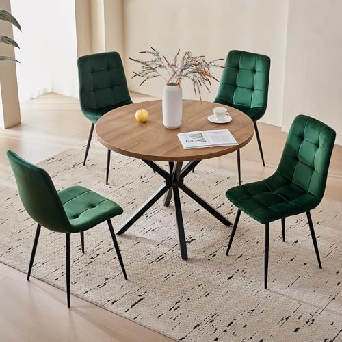 39" Round Dining Table Set for 4(Brown Table+4 Green Chairs) | Mid Centu...