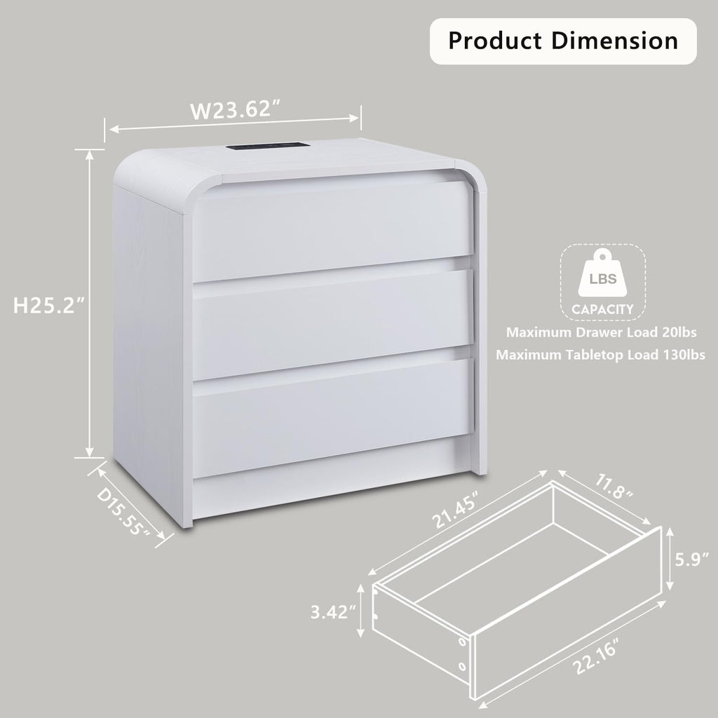 25" Tall Modern Nightstand Set of 2, 23.6" Wide Wood Bedside Table with Charging Station, 3 Storage Drawers Side Table w/Curved Profile Design, End Table for Bedroom, White