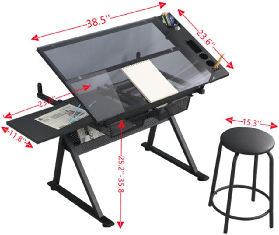 Drafting Table w/Stool, Height Adjustable Multifunctional Drawing Table | Art...