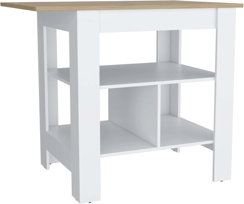 Kitchen Island, Kitchen Table 35" H, 3 Open Shelves, White/Macadamia | T...