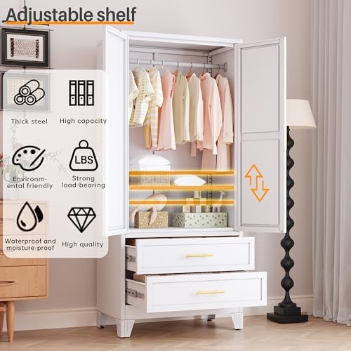 RIETERN Metal Armoire Wardrobe Closet, 71" Tall Bedroom Closet with Mirror