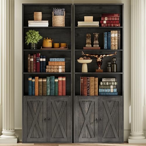 IRONCK Tall Bookshelf 70 in, Bookcases with Doors, Set of 2, Charcoal Grey