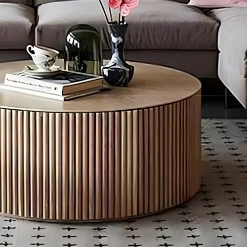 Minimalist Solid Wood Drum End Table, Fluted Round Design, Fully Assembled Ni...