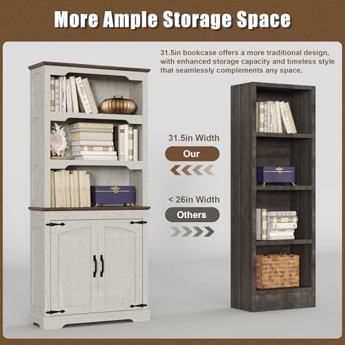 70” White Bookcase Bookshelf, 5-Tier Farmhouse Bookcases with Doors